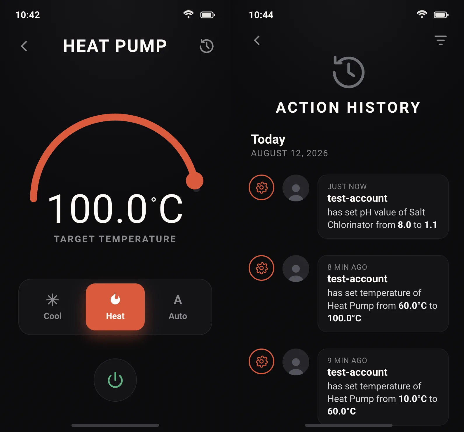 Heat pump driven to 100 degrees Celsius, and the device action log recording the change